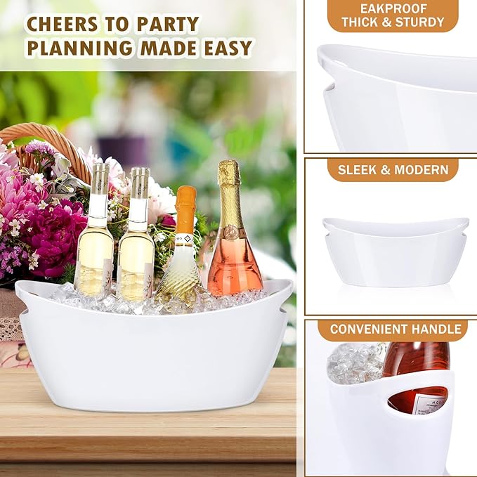 Ice Buckets for Parties, 2 PCS Acrylic Champagne Beverage with 2 Ice Bucket Scoop, Drinks Buckets Tub for Cocktail Bar, Long and Narrow 5.5 Liter Bucket for Party(5.5L) (White)