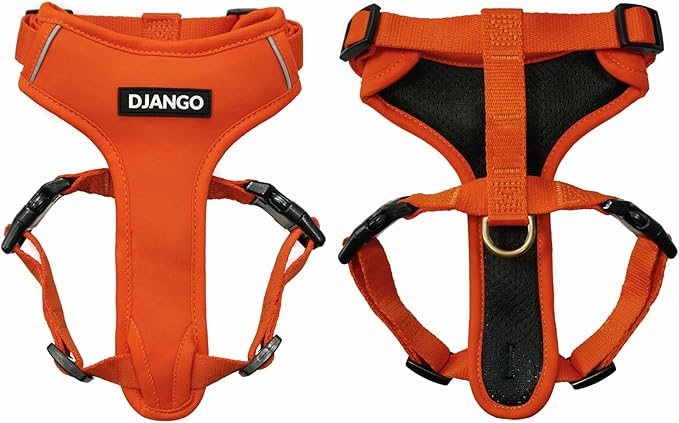 DJANGO Adventure Dog Harness - Stylish, & Durable Medium Dog Harness for Outdoor Adventures and Everyday Wear - Sunset Orange Neoprene Adjustable Harness for Dogs with Reflective Piping & Brass D-ring