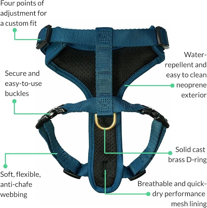 DJANGO Adventure Dog Harness - Stylish and Durable Small Dog Harness for Outdoor Adventures and Everyday Wear - Indigo Blue Neoprene Adjustable Harness for Dogs with Reflective Piping & Brass D-Ring