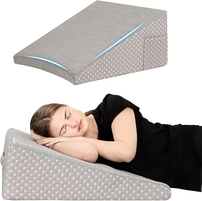 Wedge Pillow for Sleeping, 12 Inch Cooling Triangle Bed Pillow with Removable Cover, Elevated Body Pillow Wedge for Back Support, After Leg Surgery, Snoring, Acid Reflux, Grey