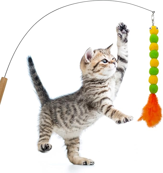 Cat Wand Replacement Worm Cat Toys, 8 Pieces Cat Wand Attachments Assorted Worms Feather Refill Toy for Indoor Cats