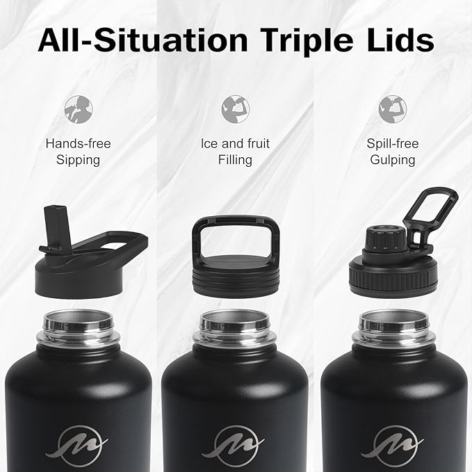 Insulated Water Bottle 64 oz with Straw Lid (3 Lids), Half Gallon Jug Flask, Large Metal Stainless Steel Bottle, 64 oz Double Wall Vacuum Sports Thermo Mug, Cold 48H Hot 24H (Black Grey)