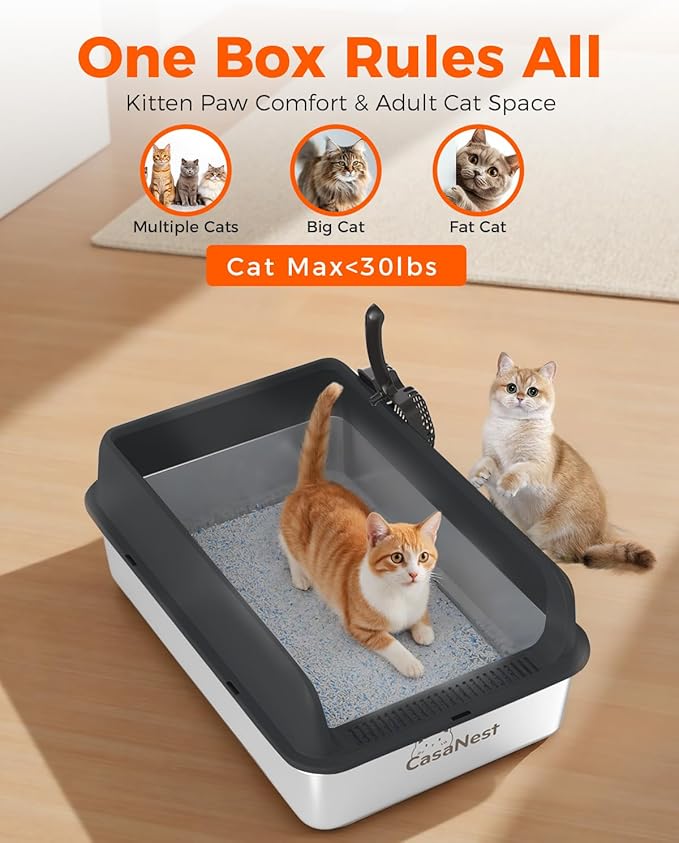 XXXL Stainless Steel Cat Litter Box with Lid 28.1''×20.5''× 10.1” Extra Large Metal Cat Litter Box for Big, Multi Cats, Anti-Leakage & Non-Stick Metal Pan, Easy to Clean, Durable (Black