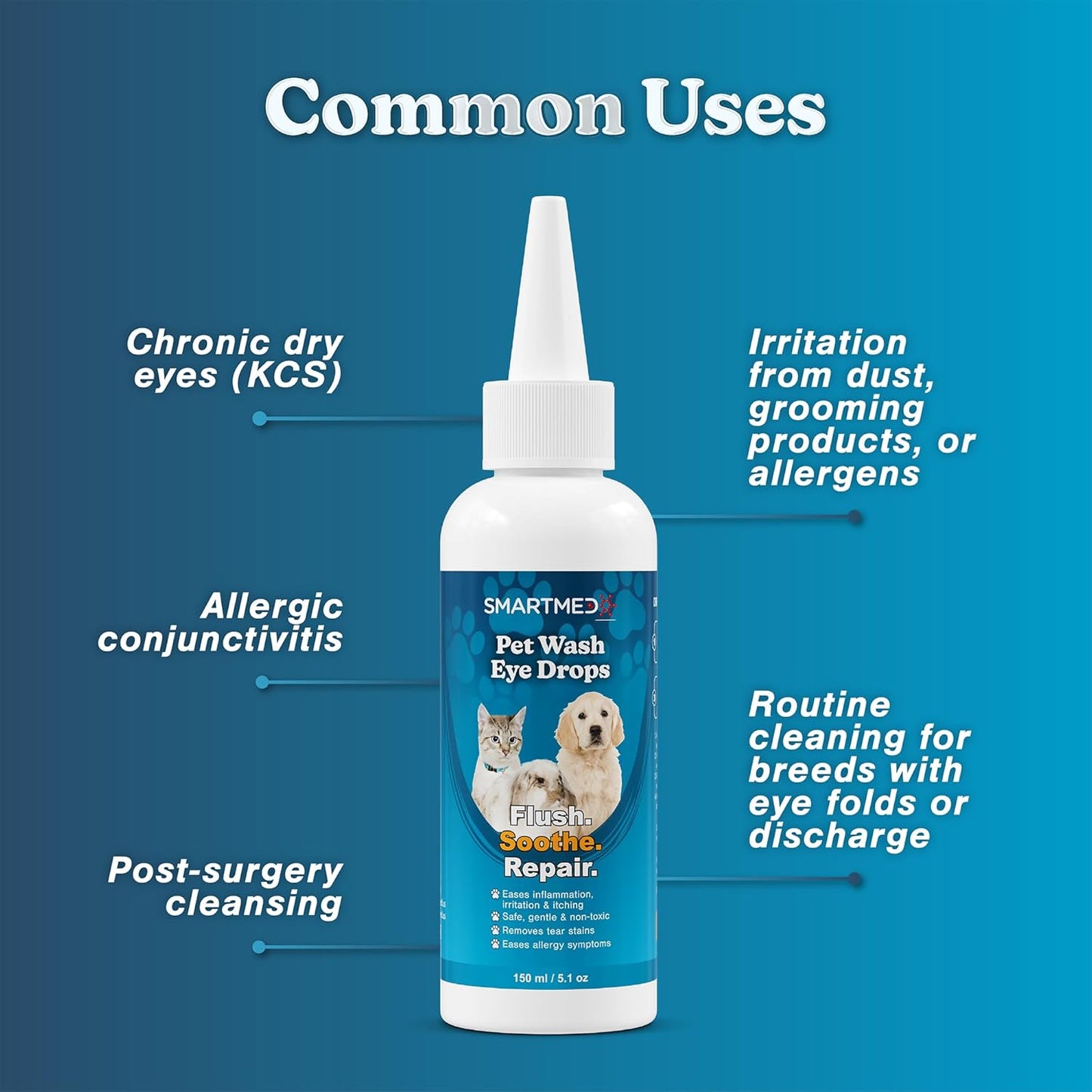 Large Pet Eye Wash 5.1 oz Gentle Eye Irritation Solution for Pets – Removes Dirt, Debris & Tear Stains – Safe for Daily Use