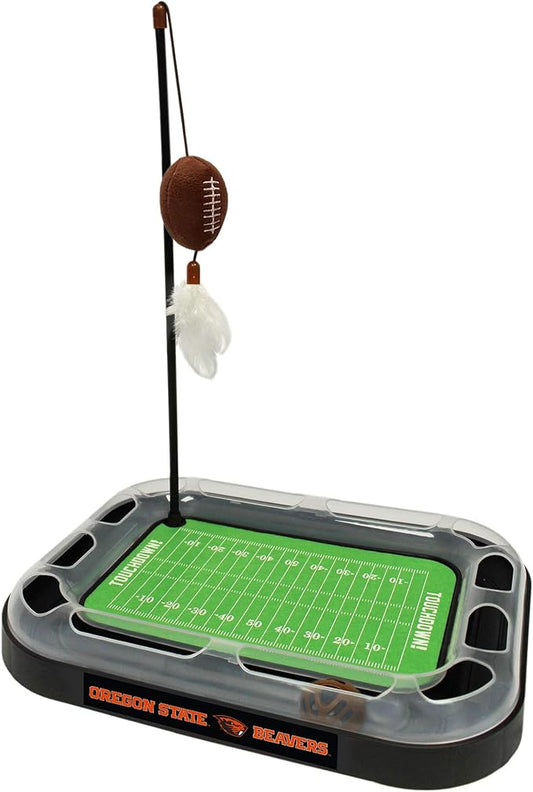 Cat Scratching Toy NCAA Oregon State Beavers Football Field Cat Scratcher Toy with Interactive Cat Ball Bell in Tracks. 5-in-1 CAT Toy: Cat Wand Poll with Catnip Filled Plush Football & Feathers.