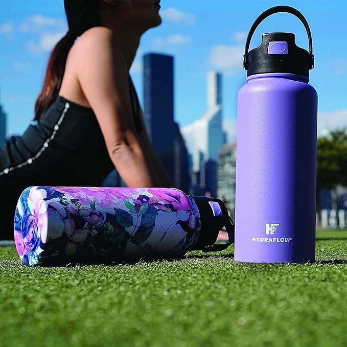 Hydraflow Hybrid - Triple Wall Vacuum Insulated Water Bottle with Flip Straw (34oz, Powder Navy) Stainless Steel Metal Thermos, Reusable Leak Proof BPA-FREE for Sports and Travel
