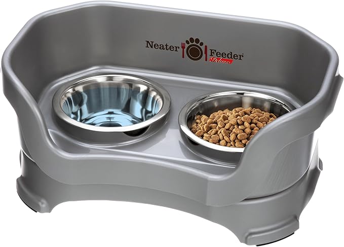Neater Feeder Deluxe Mess Proof Cat Bowls Elevated for All Breeds – Made in USA – No Spill Raised Bowls for Indoor Cats – Stainless Steel Food and Water Bowl Set, Pet Dish Feeding Station, Grey