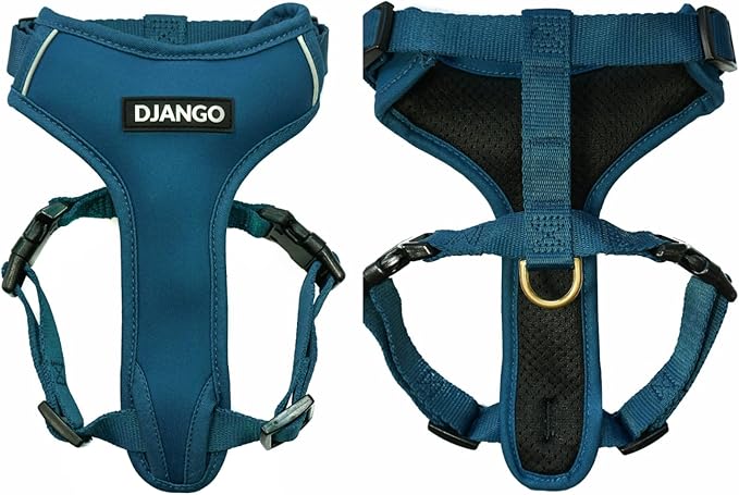 DJANGO Adventure Dog Harness - Stylish and Durable Large Dog Harness for Outdoor Adventures and Everyday Wear - Indigo Blue Neoprene Adjustable Harness for Dogs with Reflective Piping & Brass D-Ring