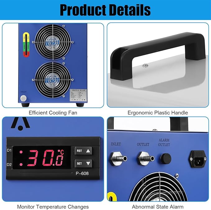 6L Dual Industrial Water Chiller 0.9hp 2.6gpm Water Cooling System CW-5200 Water Cooler w 2 Inlets & Outlets to Chill Two 60W 70W 80W 90W 100W 120W 150W CO2 Laser Engraving Machines