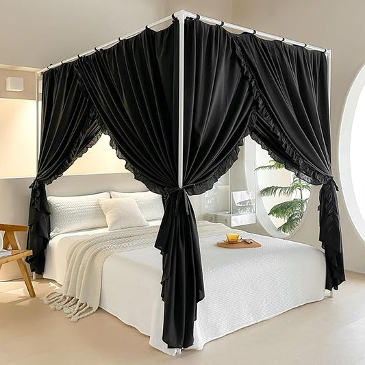 AIKASY Princess Canopy Bed Curtains with Top Ties - Windproof & Lightproof for Girls' Adult Bedroom Decor | Bed Canopy Drapes (King,Black)