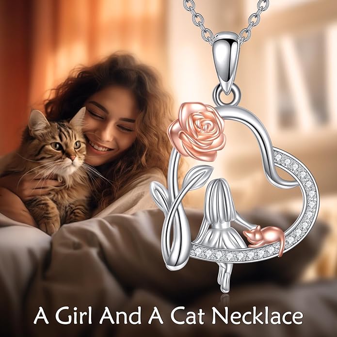 Alice in Wonderland Necklace Sterling Silver Alice Rabbit/Cat Heart Pendant I Love You Forever Jewelry Gift for Women