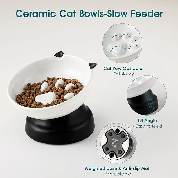 vancasso Slow Feeder Cat Bowls, Ceramic Elevated Slow Feeder Cat Bowls, Raised Food Bowl for Wet Food (Black)