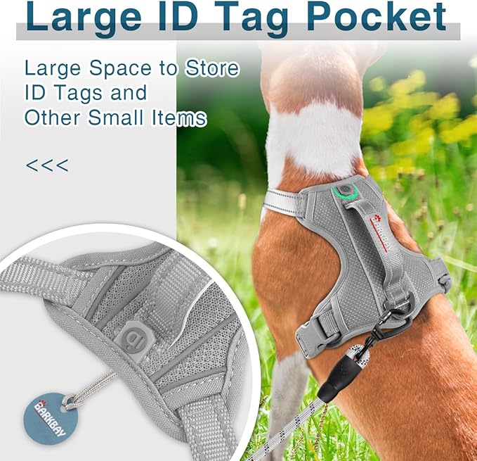 BARKBAY Dog Harness No Pull with ID Tag Pocket - Heavy Duty, Reflective, Easy Control for Large Dogs(Grey,M)