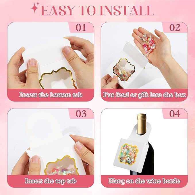 40PCS Wine Bottle Box with Window, Megitzuu Kraft Paper Wine Boxes for Gifts Hanging Wine Treat Box Mini Charcuterie Boxes Empty Champagne Bottles Gold Foil Gift Box Hanger Candy Box for Party (White)