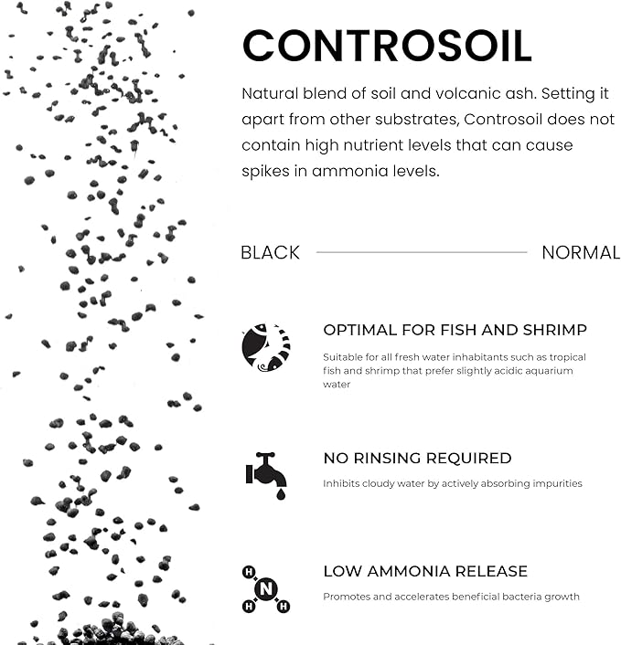 Ultum Nature Systems Controsoil - Freshwater Aqua Soil Substrate for Fish, Shrimp, Live Plant Propagation and Aquascaping - 6.8pH Low Ammonia, Volcanic Ash - Black, Normal (1 Liter | 2LB)