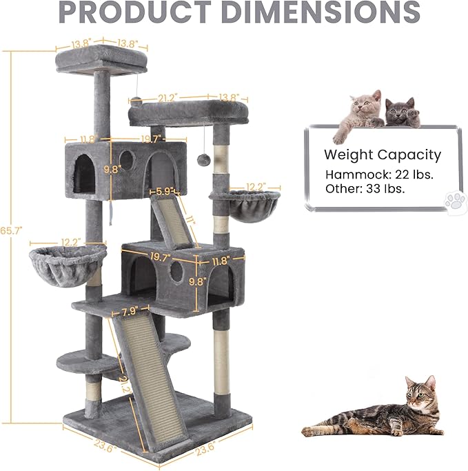 SHA CERLIN 65in Larger Cat Tree Tower Condo for Indoor Kitties/Multi-Level Furniture Activity Center with Wide Base/Cozy Plush Cat Perches/Baskets/Sisal Scratching Posts and Hammock/Grey