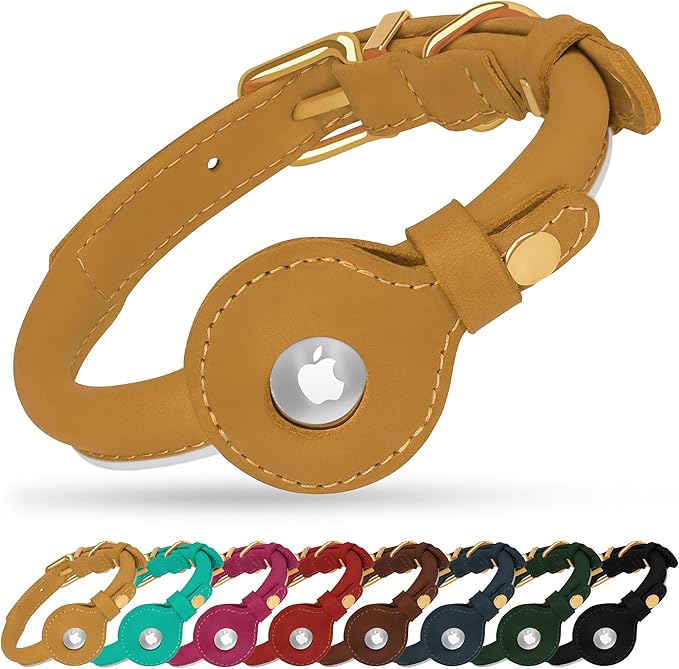 OOPSDOGGY Rolled Leather Dog Collar with Airtag Holder - Reflective Round Airtag Dog Collar - Soft Tracking Pet Collar for Small Dogs Puppy Cats Kitten (Camel, XXL, 20"-24")