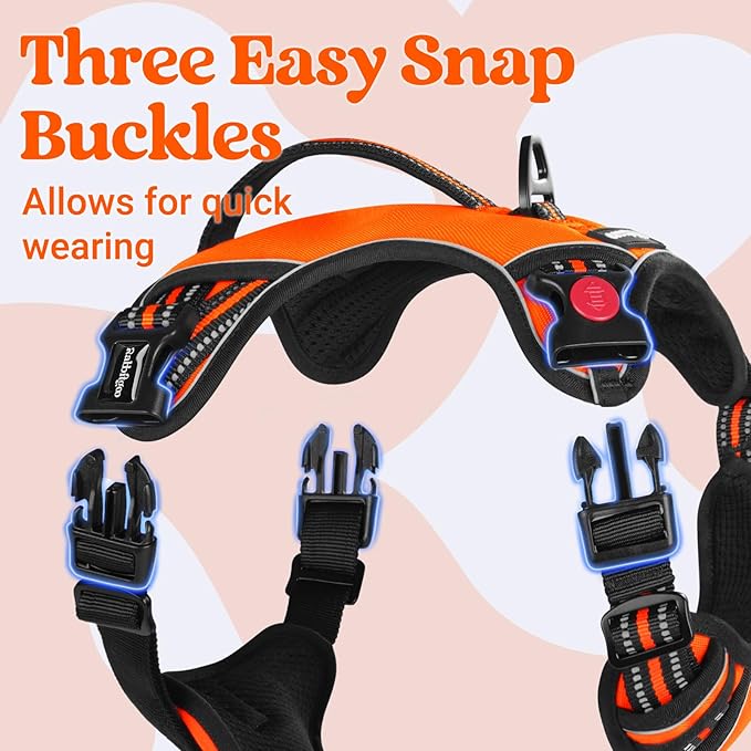 rabbitgoo Dog Harness Medium Sized, No Pull Pet Harness with Soft Padded Handle, Adjustable Reflective Vest with 3 Buckles, Easy Walking Harness with 2 Leash Clips, Orange, XL