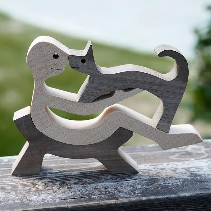 Animal Decor Wooden Statue Man and Cat Figurines Decor Carved Wood Decorative Sculpture