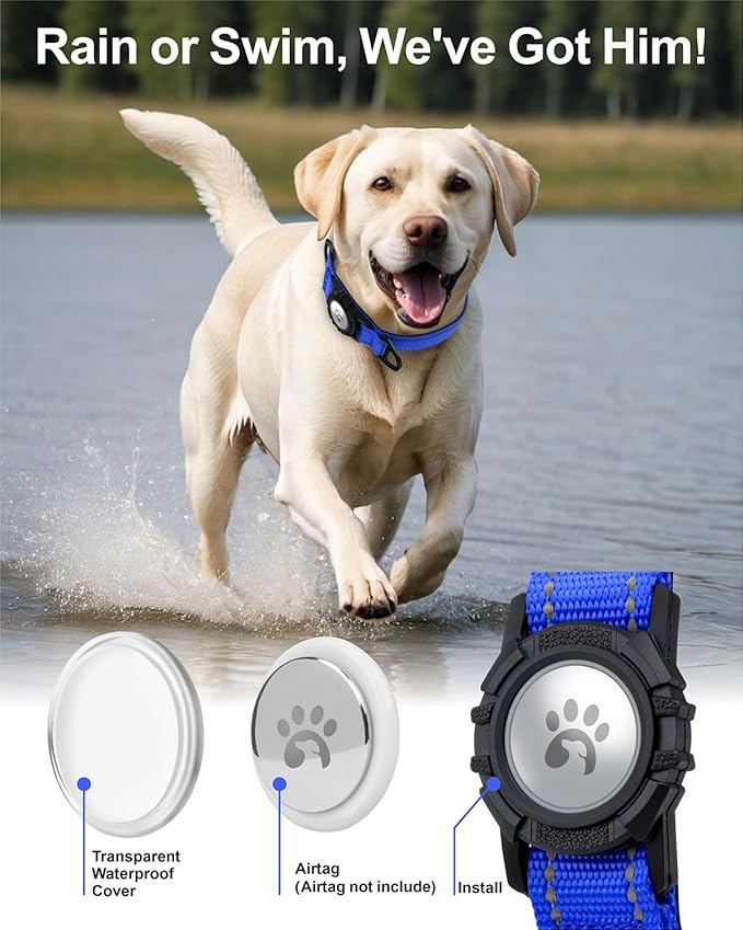 TagME Airtag Dog Collar,Waterproof Reflective Pet Collar with Airtag Holder,Soft Padded and Double D-Rings for Large Dogs,Navy Blue
