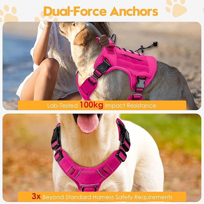 Heavy-Duty Tactical Dog Harness for Large Dogs, No Pull Adjustable Reflective Pet Vest with Molle System, K9 Military-Grade Control for Service Training, Outdoor & 10+ Breeds, Hot Pink, XX-Large
