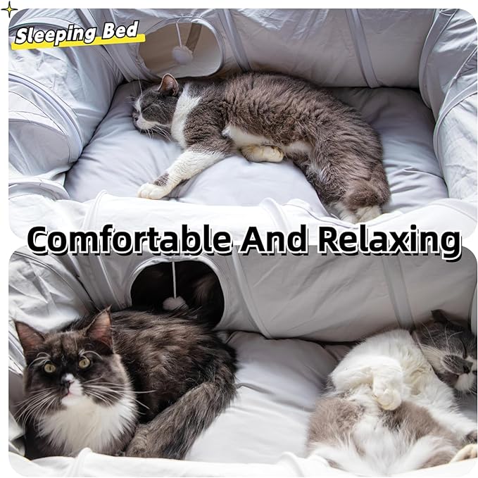 XxingSheep 4 Ways Shuttled XL Cat Tunnel Bed for Indoor Cats Peekaboo Cat Cave Donut with Cool Mat