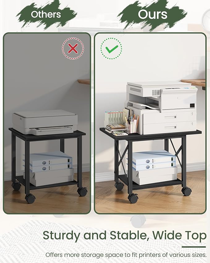 23.6" Under Desk Printer Stand, 2-Tier Printer Table with Wheels Adjustable Feet for Home Office, Study, Living Room, Black TPS01BB