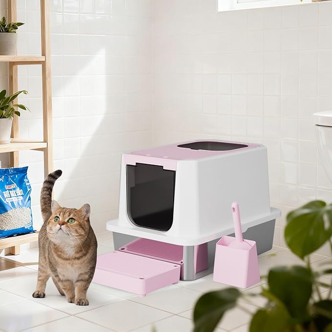 RIZZARI Enclosed Cat Litter Box: Pink Stainless Steel Odorless Cat Box - Top-Entry Design - Large Capacity High-Sided Leak Proof Litter Pan for Cats - Easy Clean Pet Toilet - for Living Room Bedroom