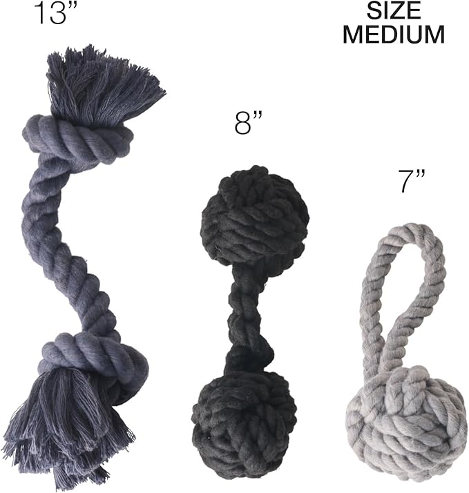 3-Pack Organic Cotton Dog Rope Pull Toys for All Pet Breeds, Gray Ombre, One Size