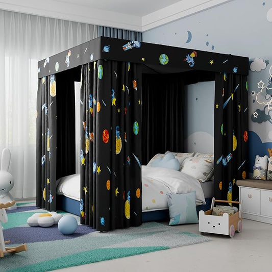 Hvqic Black Canopy Bed Curtains - 4 Corner Post Bed Curtains King Bed Curtains Lightproof Drapes Bed Canopy for Adults & Girls Bedroom Decoration(King,Black-Planet)