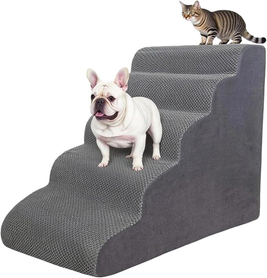 5 Step Pet Stairs Ramp for High Beds Sofas 5-30 Inch with Sturdy Non Slip Waterproof Pads, Machine Washable Cover Indoor Balanced Design for Cats Dogs Small Medium Large XL Pets Grey (Grey, Large, 1)