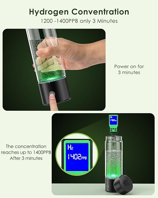Hydrogen Water Bottle, 3 Min Rapid Hydrogen Water Bottle Generator with SPE PEM Technology, Portable Hydro Water Bottle Suitable for Gym Office Travel Home, Gift for Love Friend Family, Black