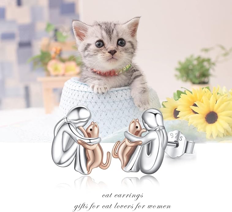 925 Sterling Silver Cat Earrings Cute Animal Kitten Stud Earrings cat Jewelry Gifts for Women Girls Hypoallergenic Earrings for Sensitive Ears