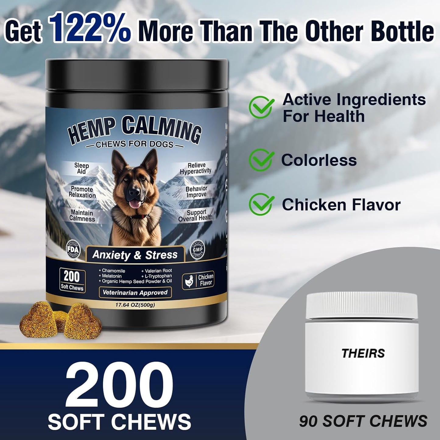 Calming Chews for Dogs 200ct Hemp Dog Calming Chews - Anxiety and Stress Relief Treats Melatonin Bites Sleep Aid for Small/Medium/Large Dogs Calm Dog - Separation, Fireworks, Thunder, Barking,Chewing
