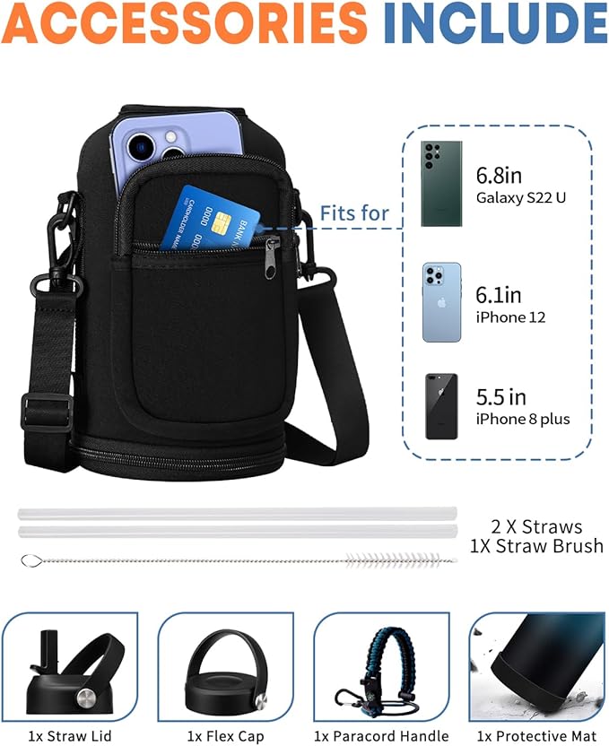 64 OZ Insulated Water Bottles with Straw - Waterbottle Carrier with Strap, Protective Boot & Paracord Handle, Stainless Steel Water Flask Canteen