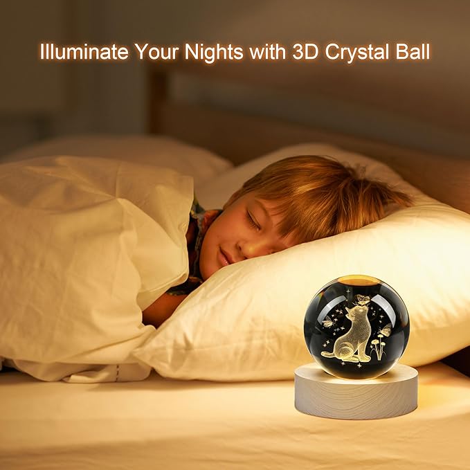 YU FENG 3D Carved Cat Crystal Ball with Luminous Base for Cat Lovers 2.36 Inches