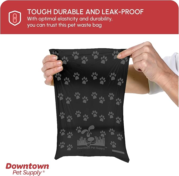 Downtown Pet Supply Poop Bags for Dogs with Dispenser, 180 Count - Leak-Proof Dog Waste Bags and Bone-Shaped Dog Poop Bags Holder for Leash - Black with Paw Prints, 12.5" x 8.5"