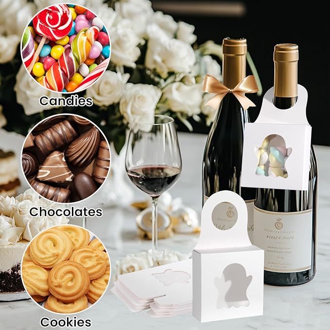Megitzuu 30PCS Wine Bottle Box with Window, Kraft Paper Wine Boxes for Halloween Gifts Hanging Pumpkin Treat Box Mini Charcuterie Boxes Wine Bottles Gift Bags Goodies Candy Box Party Favor (White)