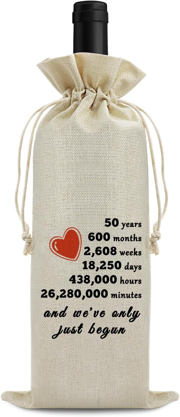 50th Year Marriage Gift for Couple Wife Husband Wine Bag 50th Anniversary Wedding Gift for Women Men Wine Gift Bag Birthday Christmas Valentine Gift for Him Her Drawstring Wine Wrapping Bag