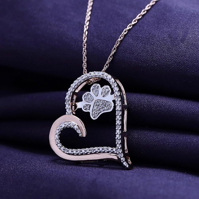 AFFY Paw Print Dog Cat Heart Pendant Necklace, 925 Sterling Silver & 10K Solid Gold Natural Diamond, Two Tone Heart Necklace for Pet Lovers, Elegant Silver Gift for Her