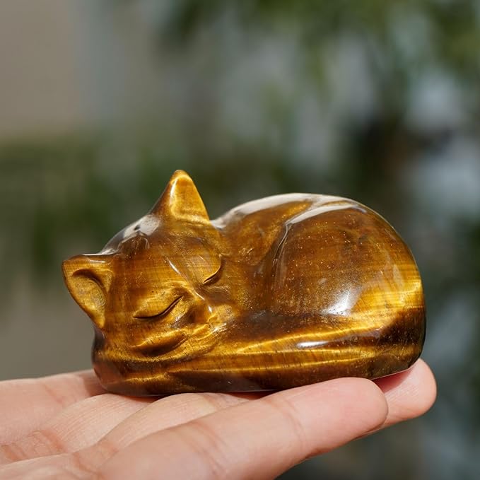 OwMell Tiny Sleeping Cat Statue Hand-Carved Healing Stone Gemstone Little Kitten Statue Figurine 2" - Tigers Eye Sleeping Cat