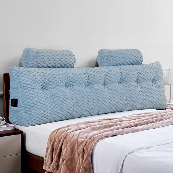 Wedge Headboard Pillow - Bed Wedge Pillow for Headboard Triangular Headboard Pillow with Neck Roll Pillow-Large Bolster Pillow for Sitting in Bed Backrest Positioning Support (Blue,76x8x20 Inches)