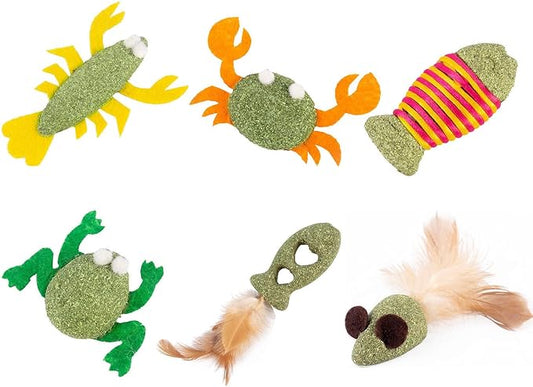 6-Pack Diverse Shaped Catnip Cat Toys - Suitable for Indoor Cats & All Cat Breeds, Including Frog, Lobster, Feather Fish, Striped Fish, Crab & Mouse Shapes