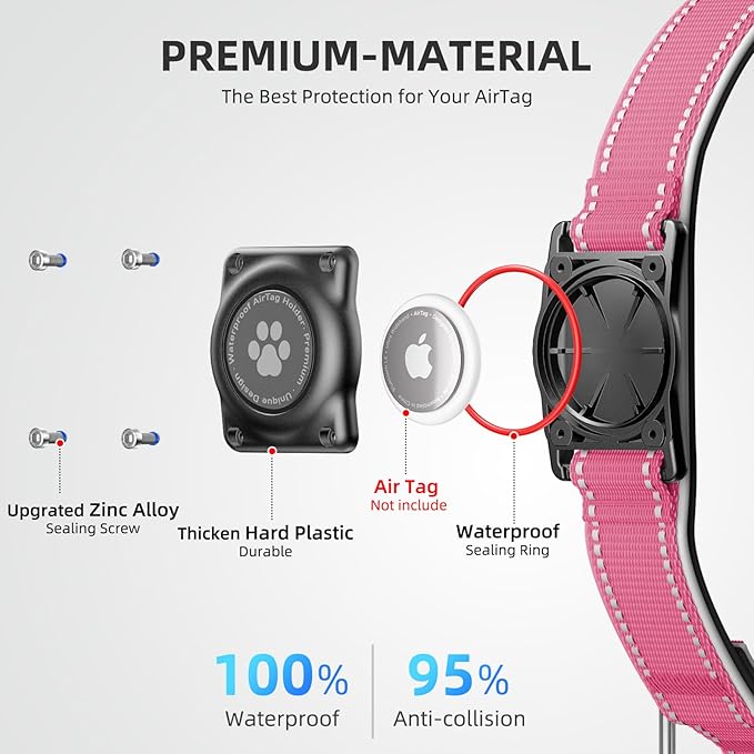 Airtag Dog Collar - 100% Waterproof Air tag Dog Collar Holder for Apple AirTag, Reflective, Soft Padded, Everlasting, GPS Dog Collar for Small Medium Large Dogs (Hot Pink, XL)