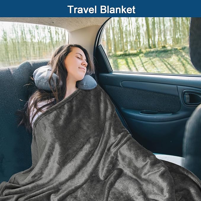 Bnuitland Travel Blanket and Pillow 2 in 1, Soft Flannel Airplane Blanket in Bag Compact-Long Flight Essential for Adults and Kids, Portable Luggage Sleeve and Backpack Clip, 65×40 inch Grey