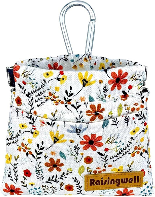 Dog Treat Pouch, Small Cotton Pocket Sized Training Holder, Hand Free Walking Funny Bag with Carabiner, Self-Closing Pet Feed Snack Reward, Behavior Aids for Puppy Travel or Outdoor Use