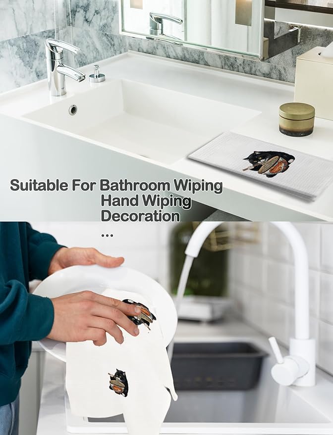 Black Cat Kitchen Hand Towels Bathroom Decor, Funny Japanese Noodle Cat Dish Towels Tea Towels for Kitchen,16x24 Inch