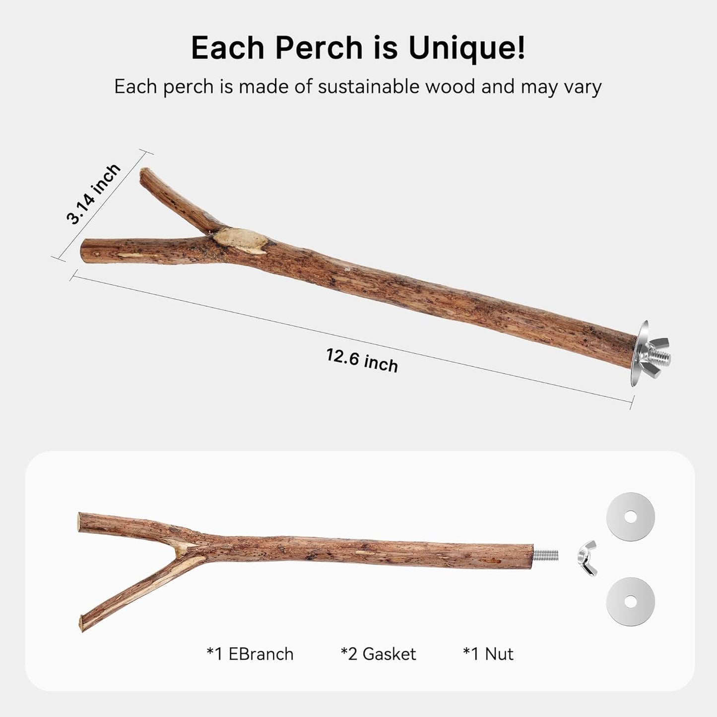 Niteangel Natural Wooden Perches for Bird Cages - Ideal for Cockatiels, Parakeets, Finches & Other Caged Birds (No-Bark, 2 Pack)