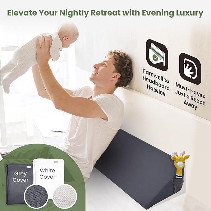 Wedge Pillow Headboard, Ultimate Comfort Bed Wedge Pillow for Headboard, Relaxation Bed Gap Filler for Cal King, Foam Pillow Wedge for Headboard Gap, Overall Bed Gap Filler. 2 Covers.