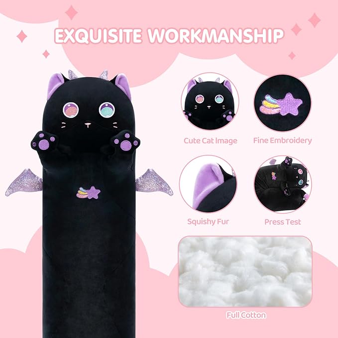 Long Cat Plush Body Pillow, Cute Purple Big Eyes Cat Stuffed Animals Kawaii Plushies, Squishy Body Pillow Plush Toys for Kids Girls Boys (36 Inches)